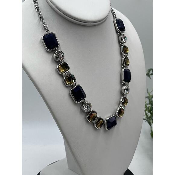 Lia Sophia Drama Club Blue Yellow Rhinestone Silver Tone Necklace Earring Set - Picture 3 of 14